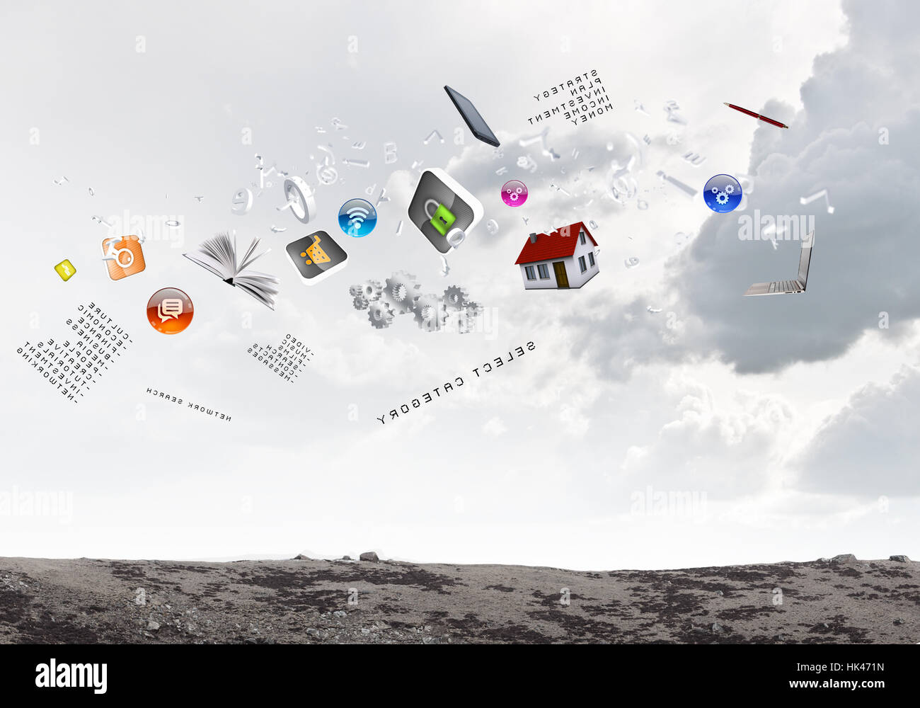 Items Preview Background Background image with various items flying in air Stock Photo - Alamy