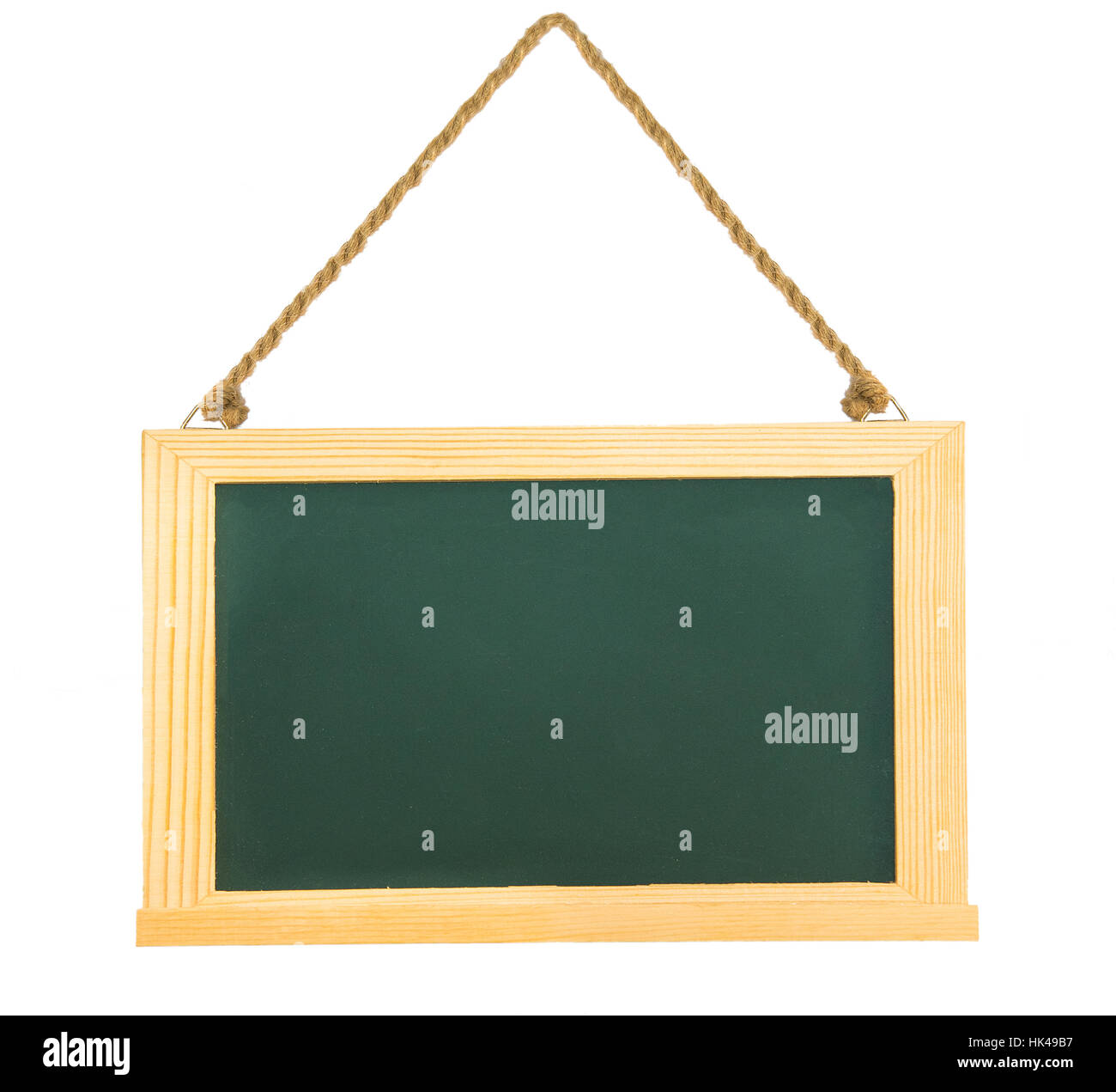 Black green chalk board with clean wooden frame and hanging rope isolated on white with clipping path Stock Photo