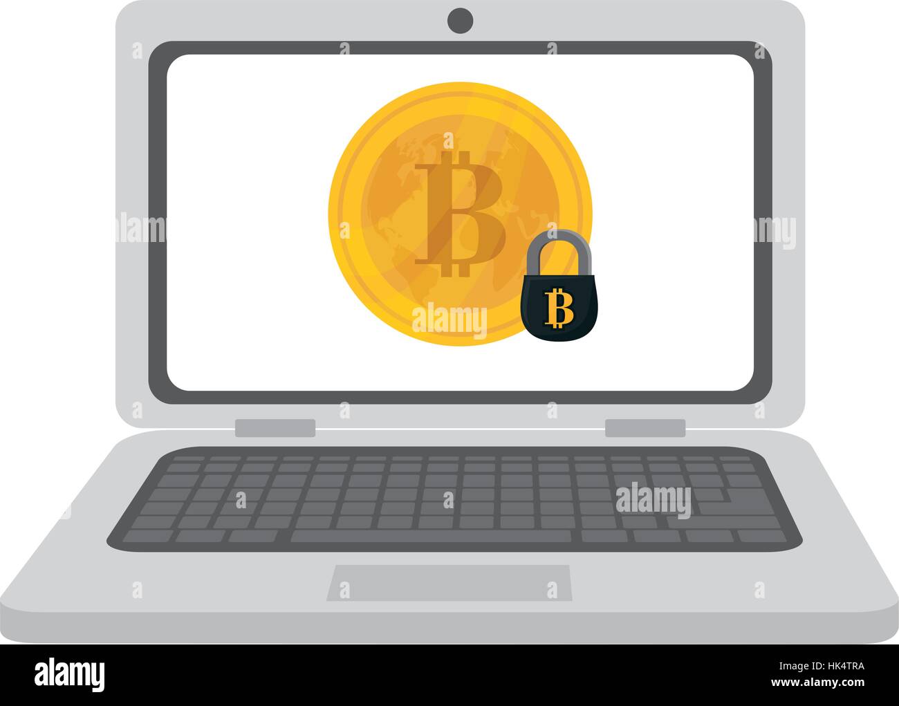Bitcoin Computer Bank laptop computer and bitcoin currency over white background. colorful ...