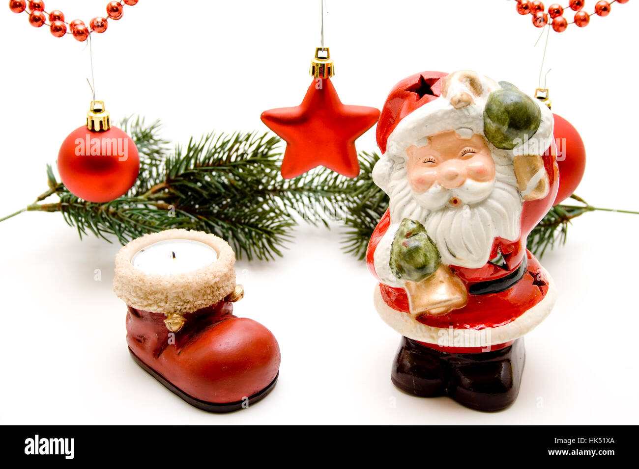 father christmas, nicholas, christmas tree ball, tealight, poinsettia, Stock Photo