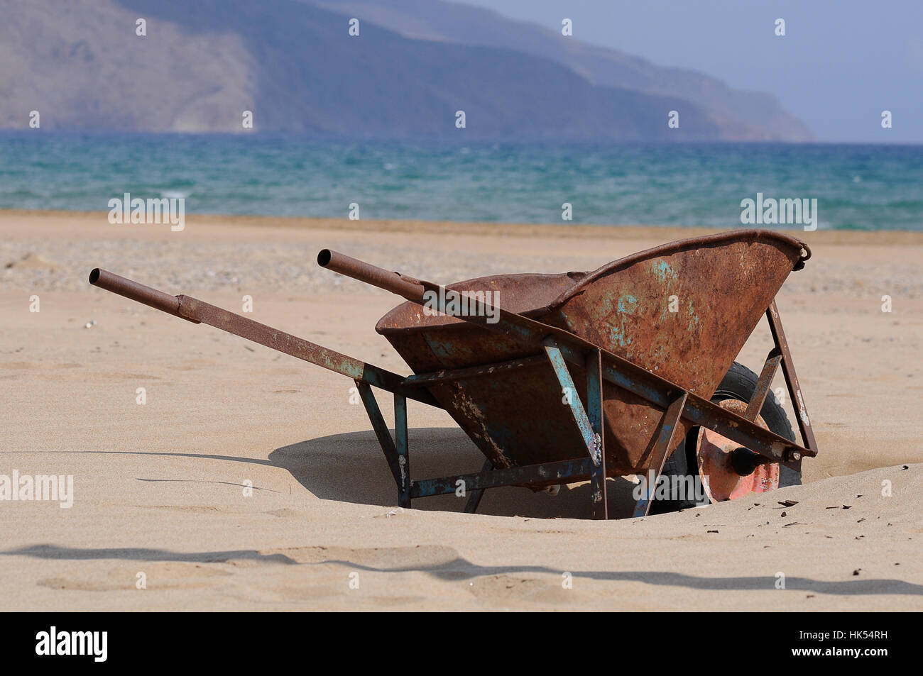 greece, rusty, rusted, wheelbarrow, wheelbarrow, old, greece, beach