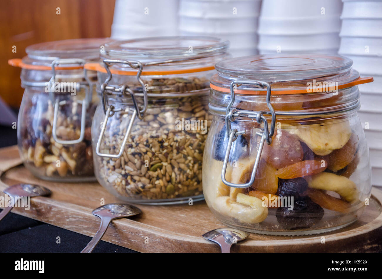 Jars filled with dried fruit, seeds and nuts Stock Photo 132267938 Alamy