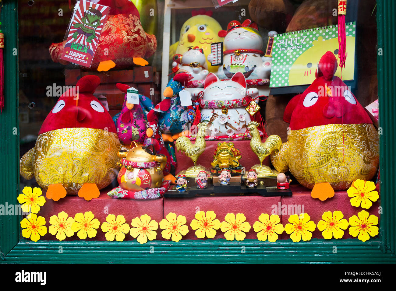 Chinese New Year, 2017,  year of the rooster, tet, commercial decoration, window display Stock Photo