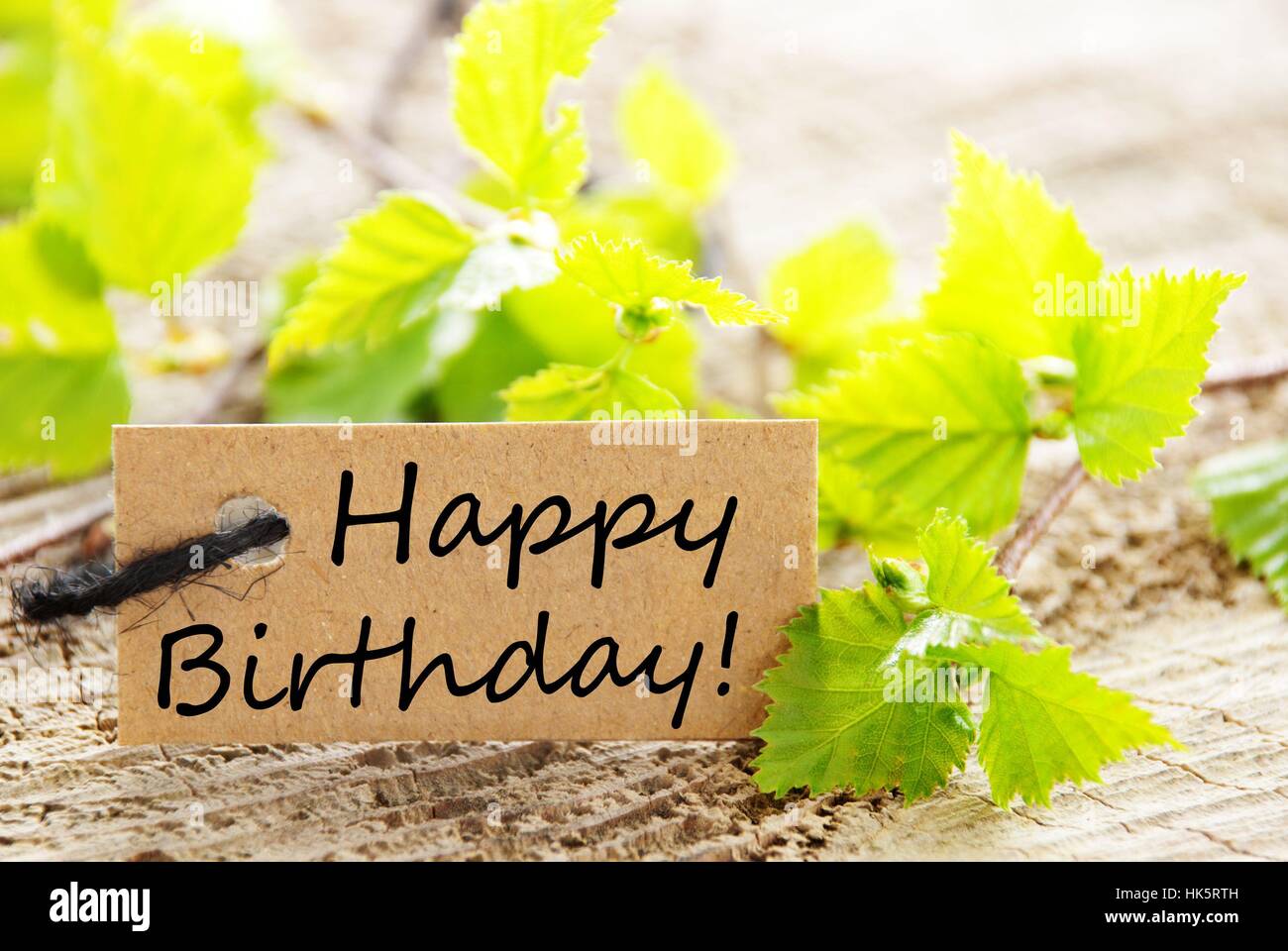 a natural looking label with happy birthday and green leaves and ...