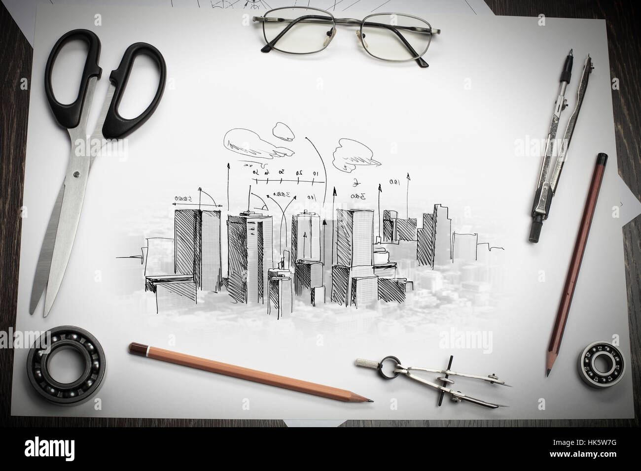 Handwritten Building/tools Architectural hand drawn project with set of tools Stock Photo - Alamy