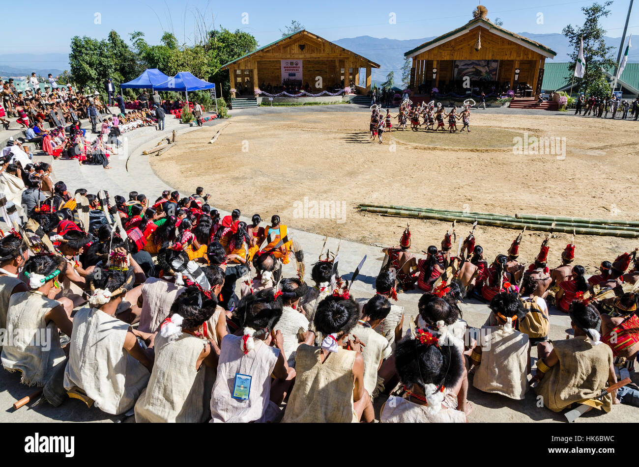 The Tribes of Nagaland are displaying their customs and dances at the big showground of the Hornbill-Festival Stock Photo