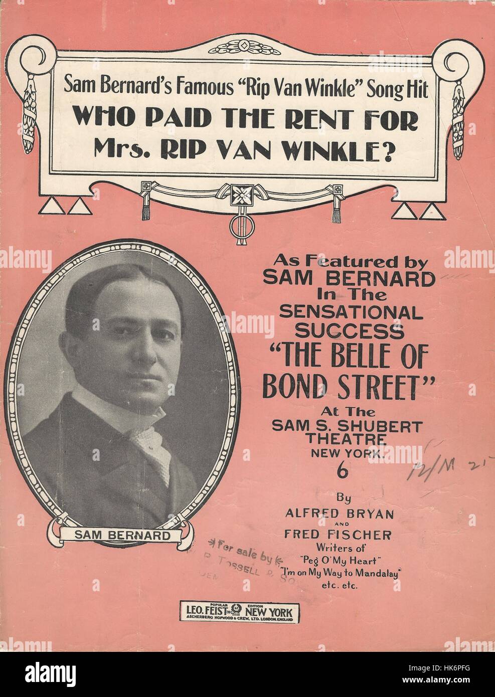 'Who Paid the Rent for Mrs. Rip Van Winkle?' from the 1914 Musical 'The Belle of Bond Street' Sheet Music Cover Stock Photo