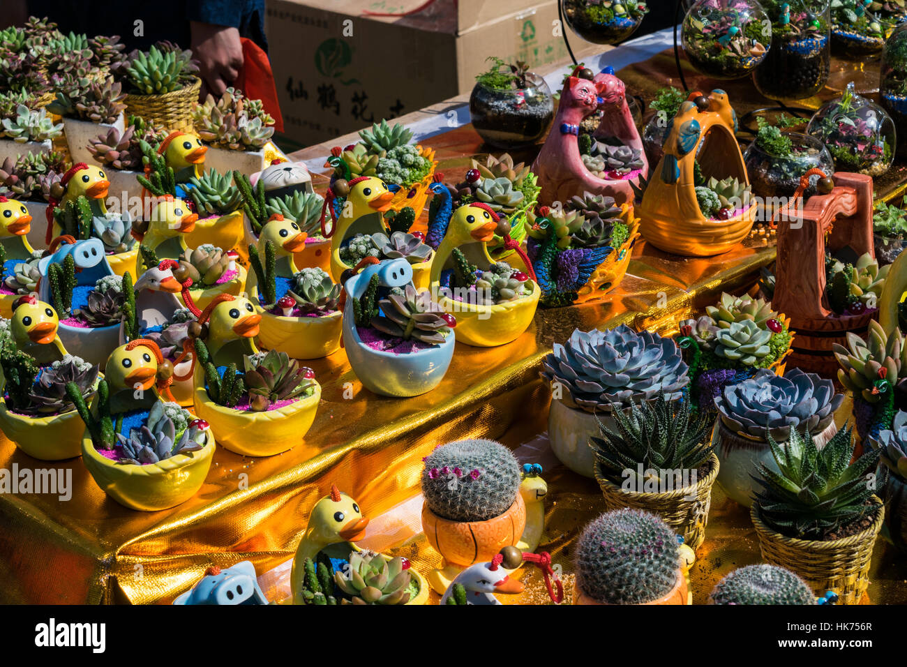 Roosterthemed plant pots at Chinese New Year 2017 "Year of the Rooster