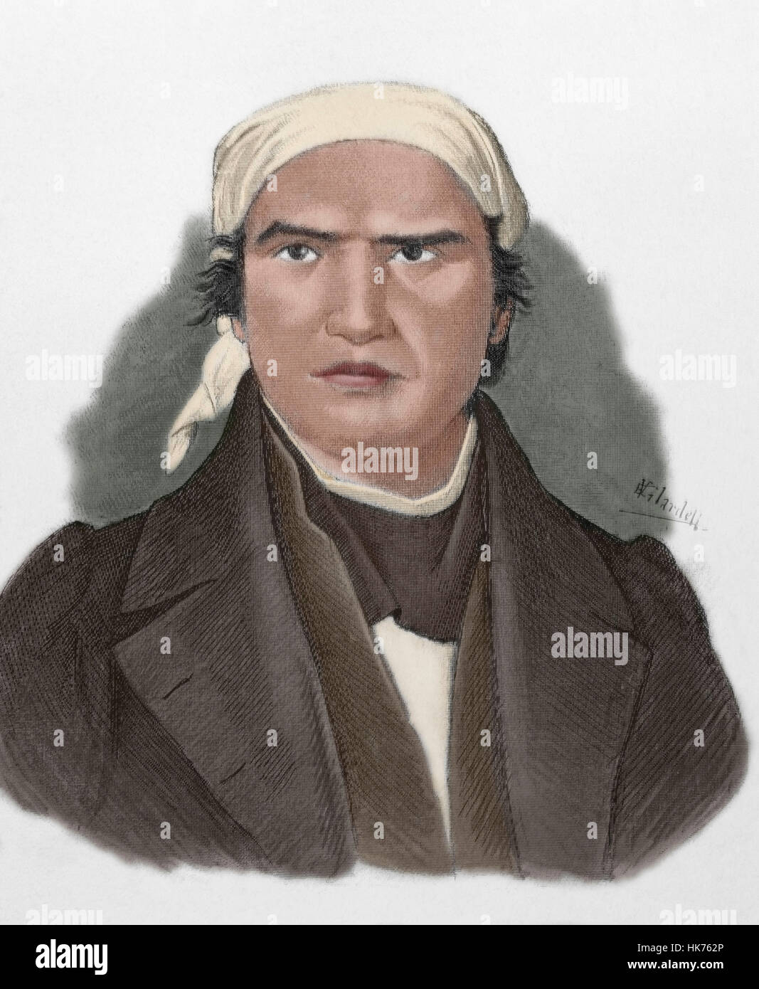 Jose María Morelos (1765-1815). Mexican priest and patriot, struggling for independence of Mexico. Portrait. Engraving in 'Americanos Celebres', 1888. By E. Vilardell. Colored. Stock Photo