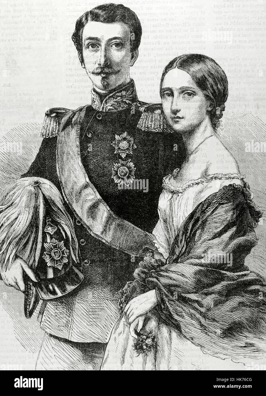 Frederick I (1826-1907). Grand Duke of Baden with his wife Princess Louise of Prussia (1838-1923). Engraving. The Illustrated Universe (Univers Illustre), 1862. Stock Photo