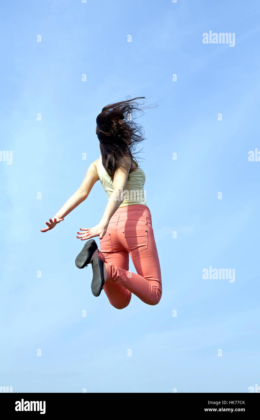 woman, spring, bouncing, bounces, hop, skipping, frisks, jumping, jump