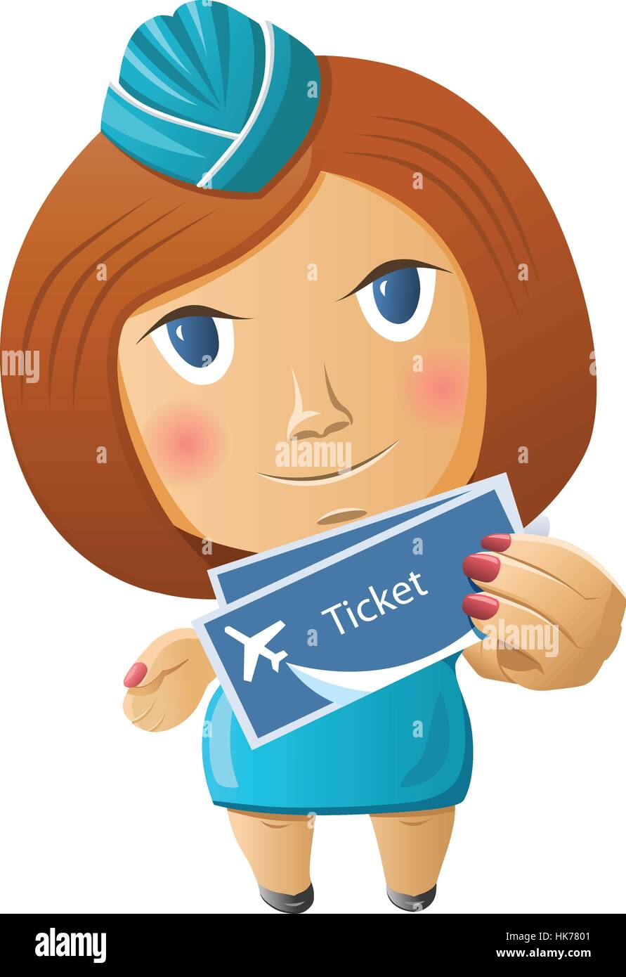 Cute cartoon stewardess at work holding airplane tickets Stock Vector
