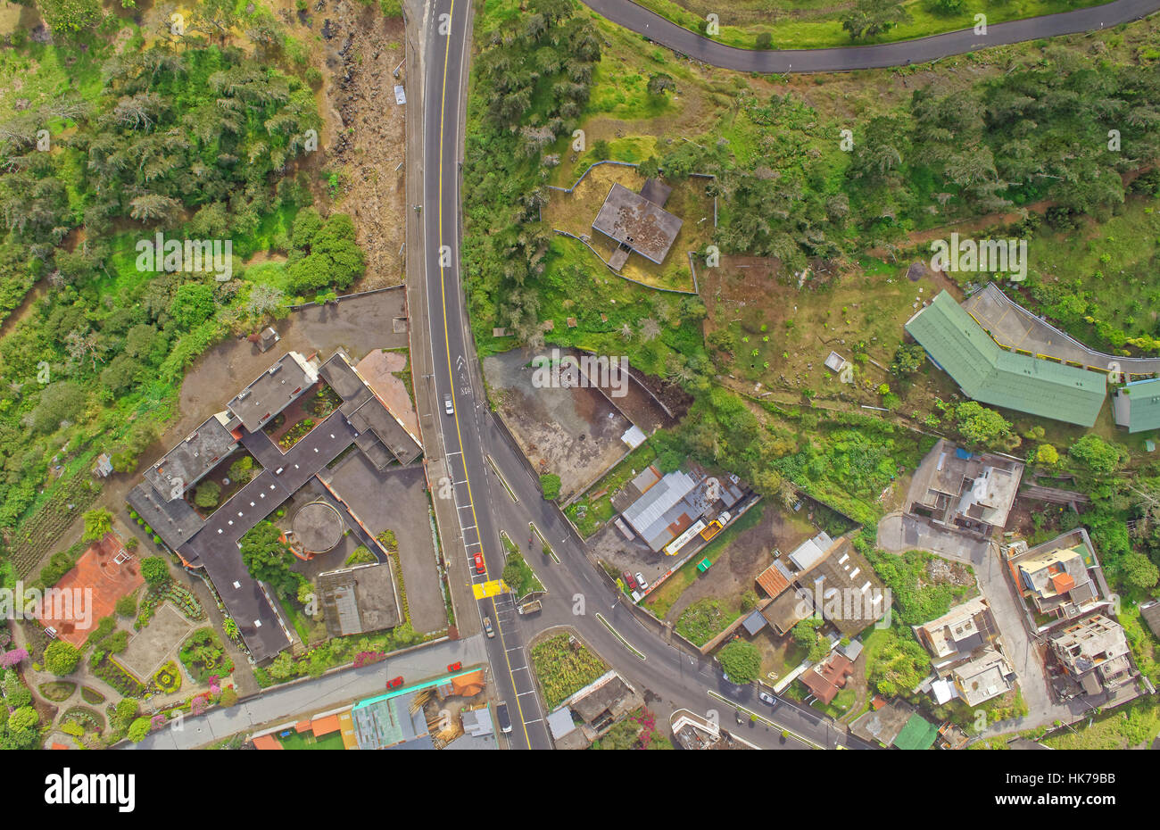 Aerial City View Of Small Urban Landscape In Banos De Agua Santa Tungurahua Province In The Daylight South America Stock Photo