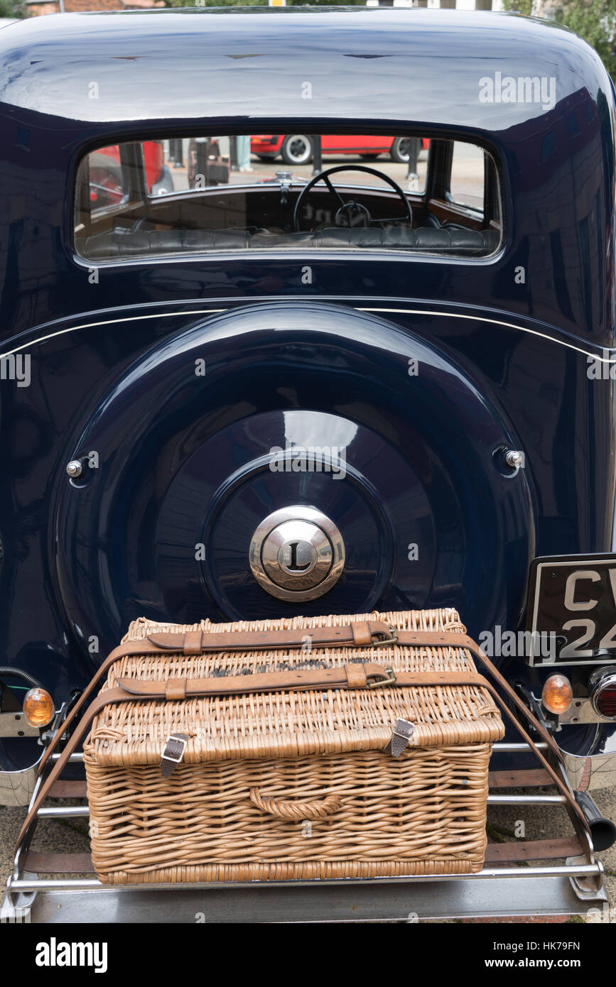 Wicker picnic basket on the back of a classic Lanchester car at the Prestatyn Flower Show Stock