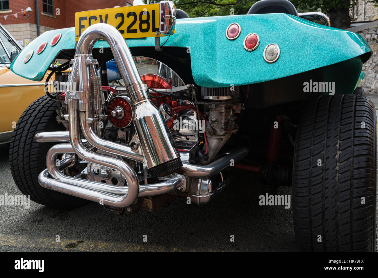 Chromed engine in a metallic green VW Beach Buggy at the Prestatyn Flower Show Stock Photo