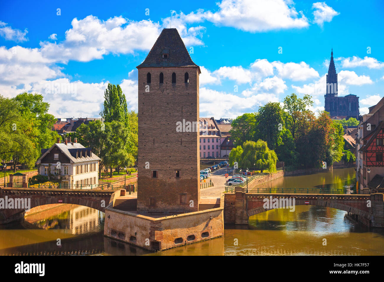 Strasbourg, medieval bridge Ponts Couverts and Cathedral, view from Barrage Vauban. Alsace, France. Stock Photo