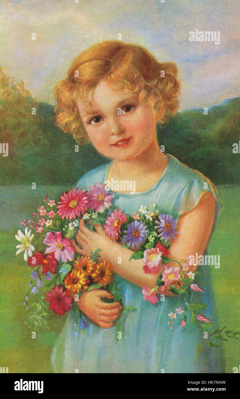 flower, flowers, plant, nostalgic, postcard, picture postcard, child