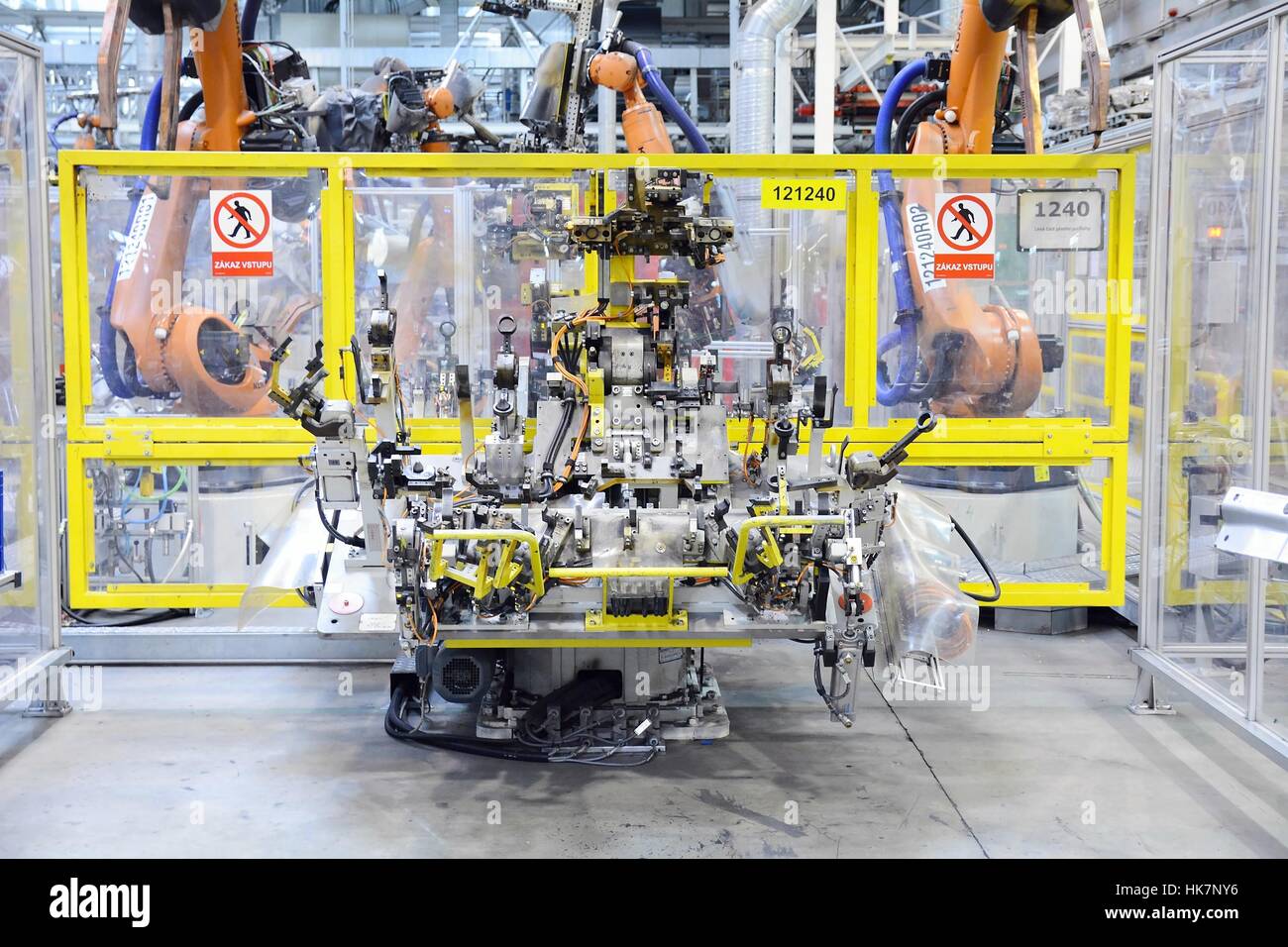 Automatic robot in car factory Stock Photo