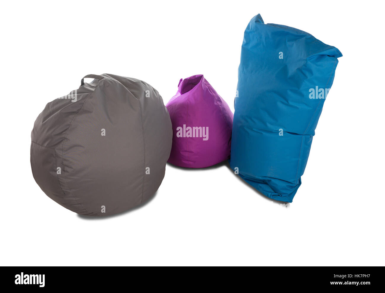 Blue, grey and purple beanbag chairs for living room isolated on white background Stock Photo
