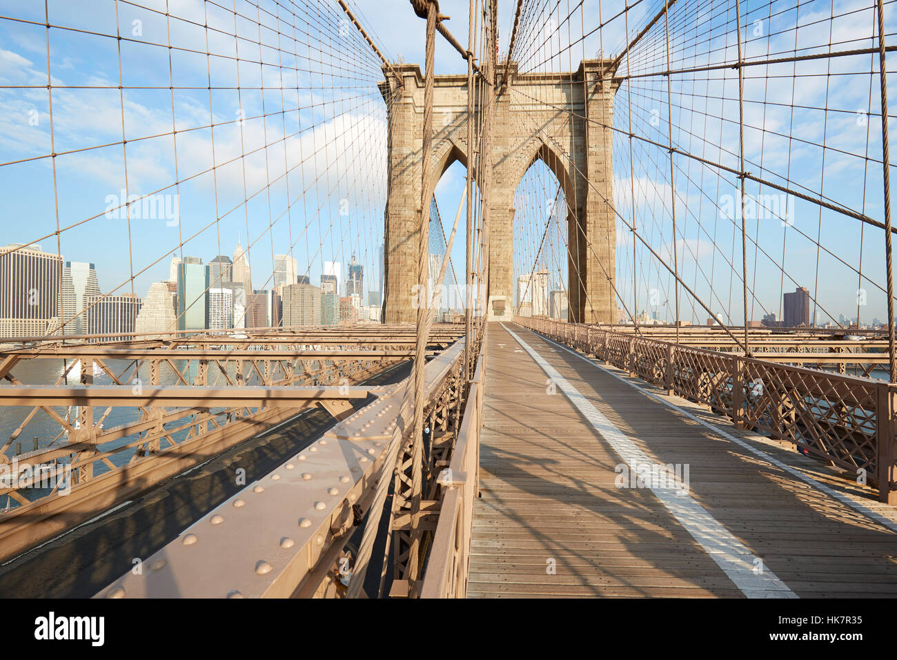 Brooklyn Bridge in a sunny morning in New York, nobody Stock Photo