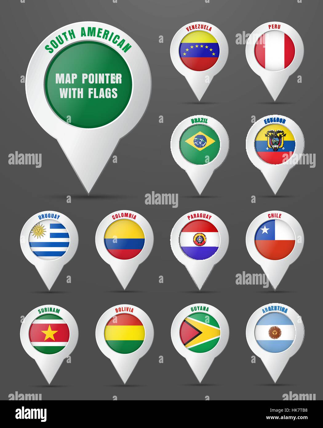 Set the pointer to the map with the flag of South American countries, and their names. Vector illustration Stock Vector