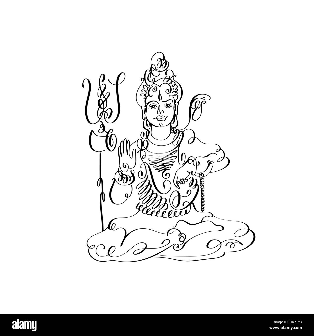 line art Lord Shiva black and white calligraphic drawing Stock ...