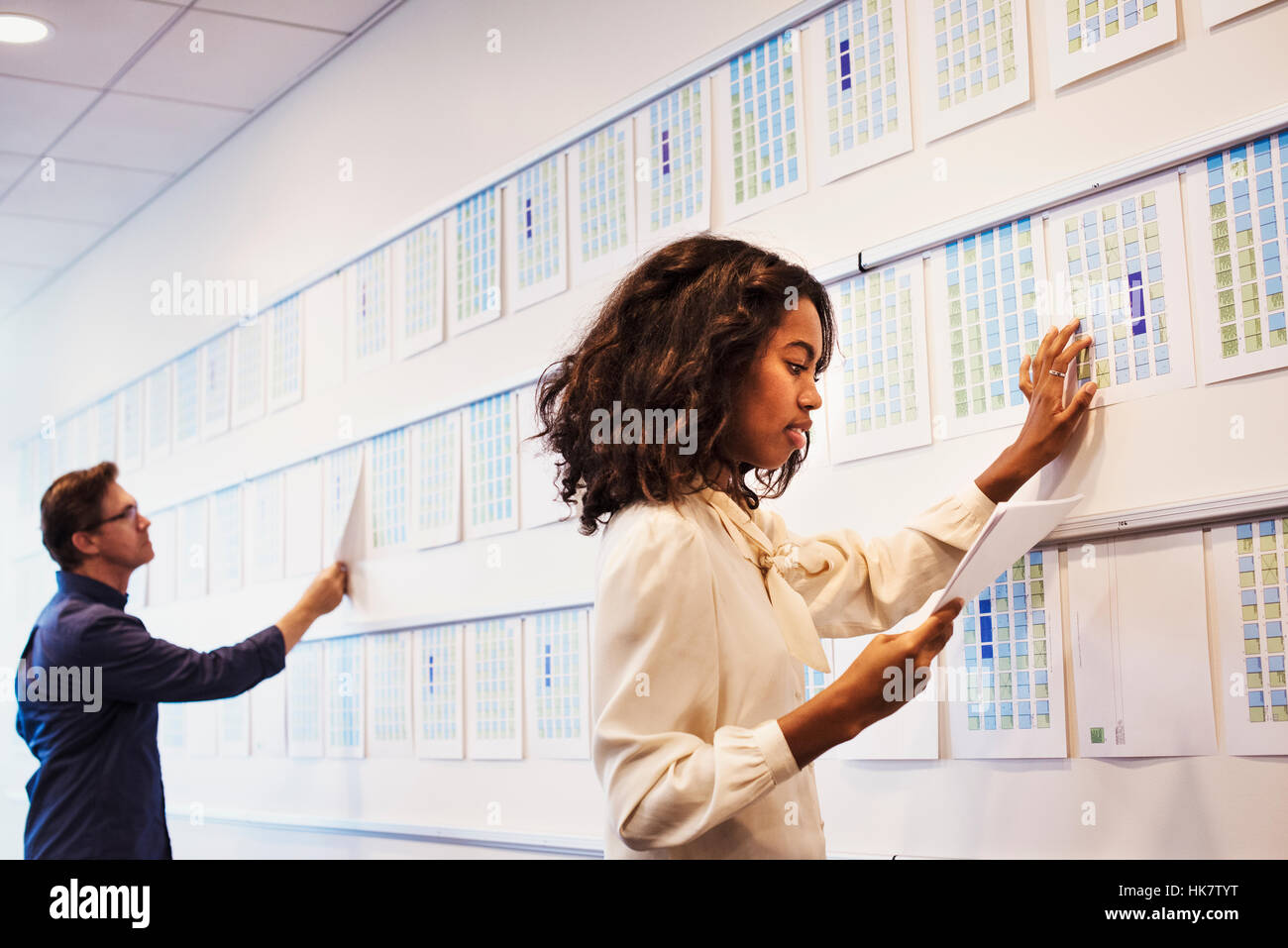 A woman and a man standing in an office adding pieces of paper to a display on a wall. Stock Photo