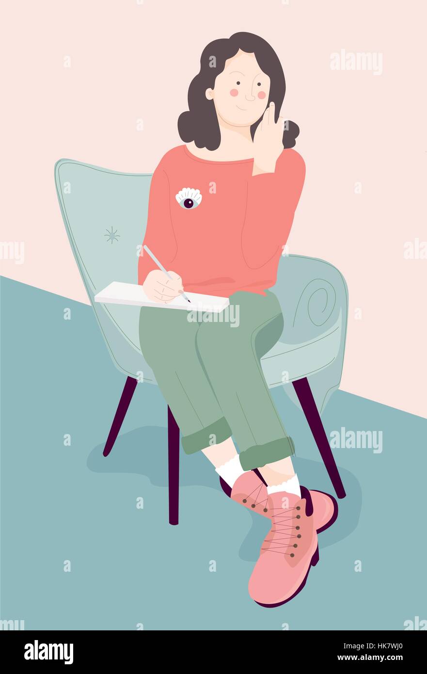 young woman artist sitting on a chair thoughtfully.. hand draw style