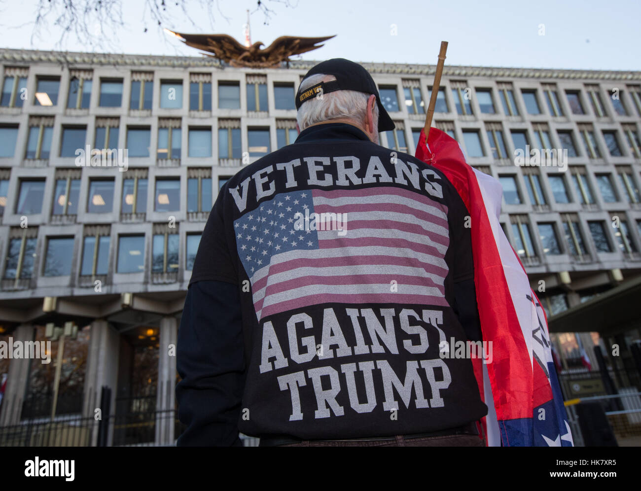 Protest outside the American Embassy in Grosvenor square,London against President Trump and especially his Nuclear programme Stock Photo