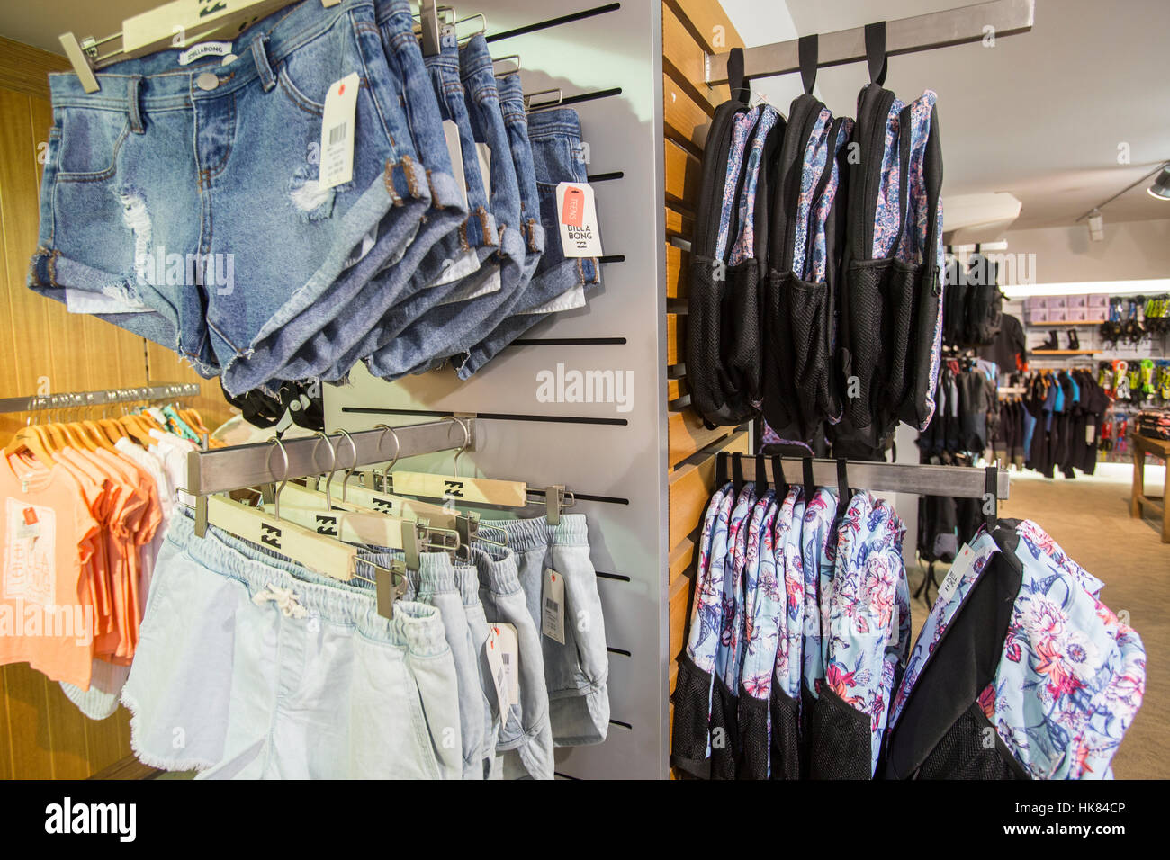 Interior of a Billabong Surf wear gear store shop in Manly Beach,Sydney,New South Wales,Australia Stock Photo