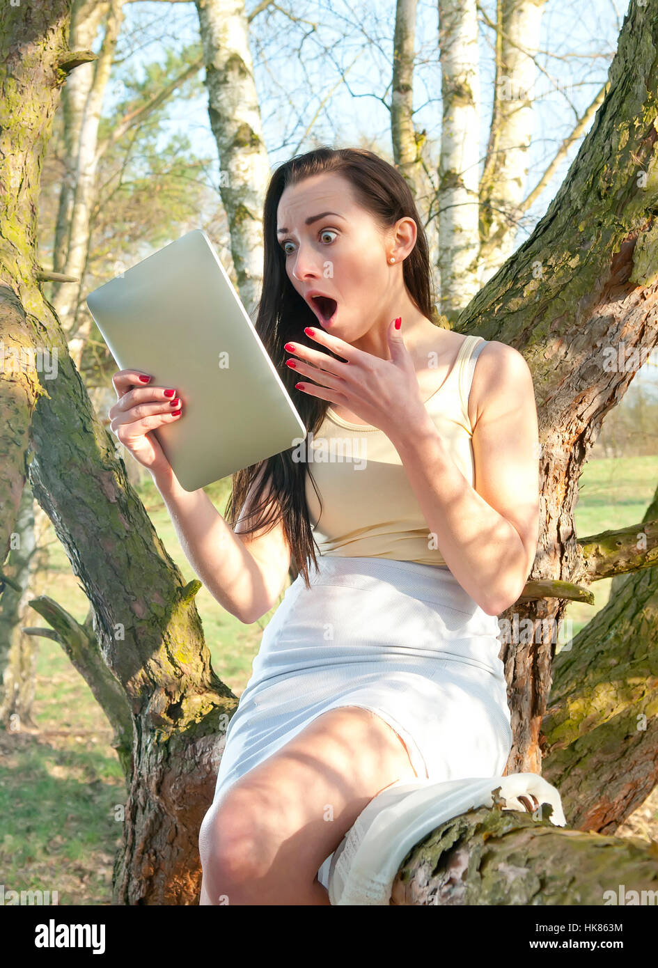 woman, tree, scariness, shock, horrified, surprised, astonished, study, laptop, Stock Photo