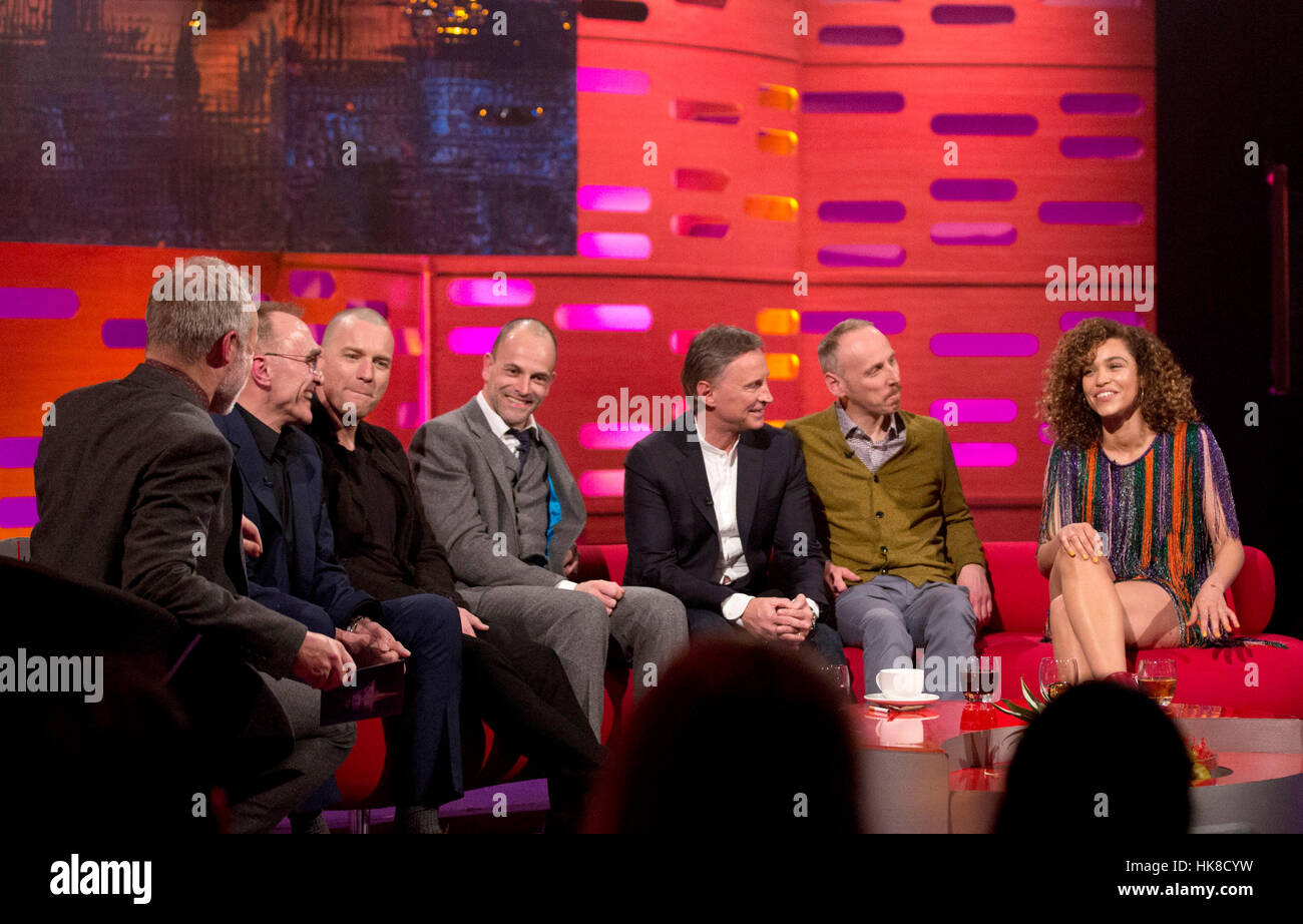 (left to right) Graham Norton, Danny Boyle, Ewan McGregor, Jonny Lee Miller, Robert Carlyle, Ewen Bremner and Izzy Bizu during filming of the Graham Norton Show at The London Studios, south London, to be aired on BBC One on Friday. Stock Photo