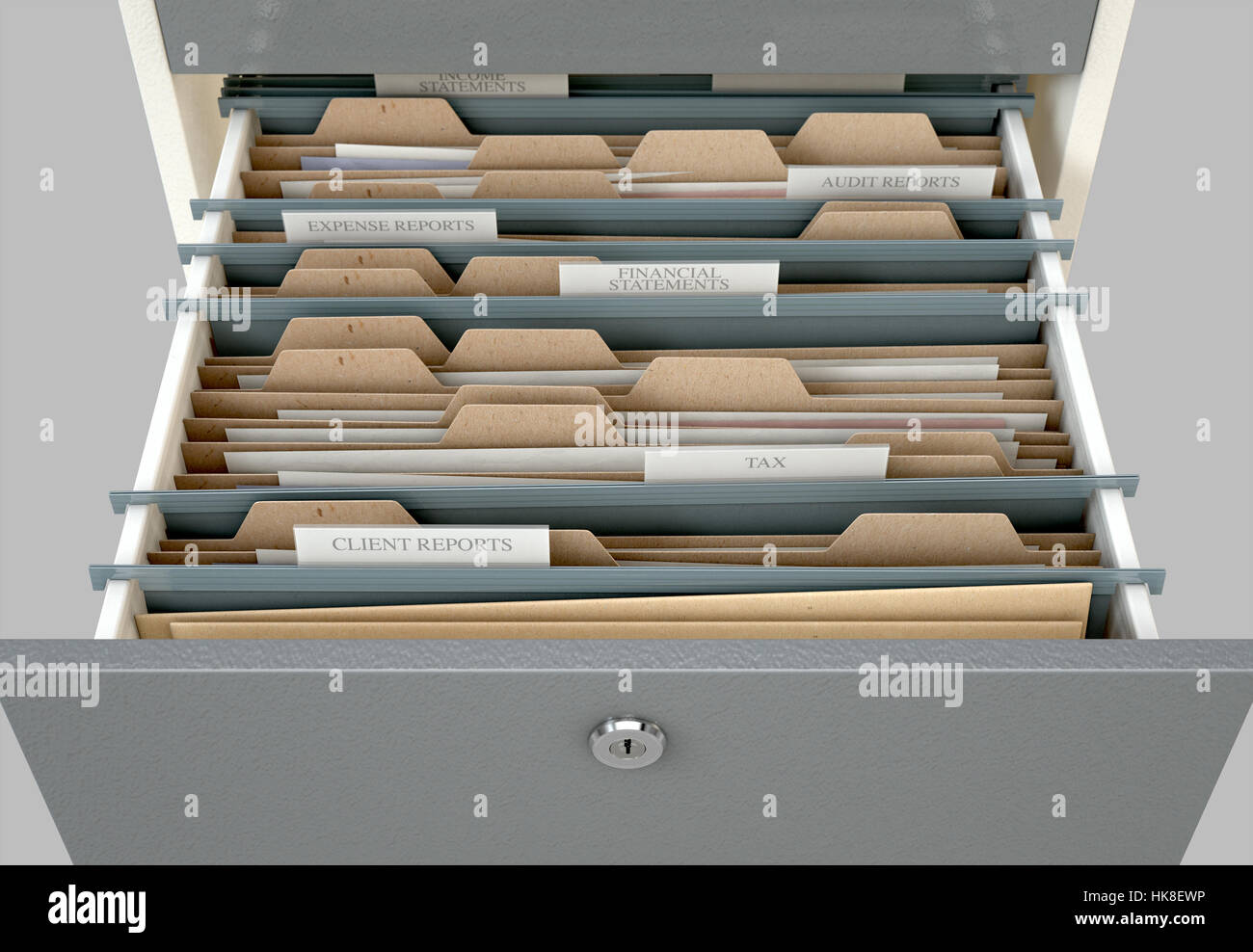 A 3D render closeup view of an open filing drawer revealing
