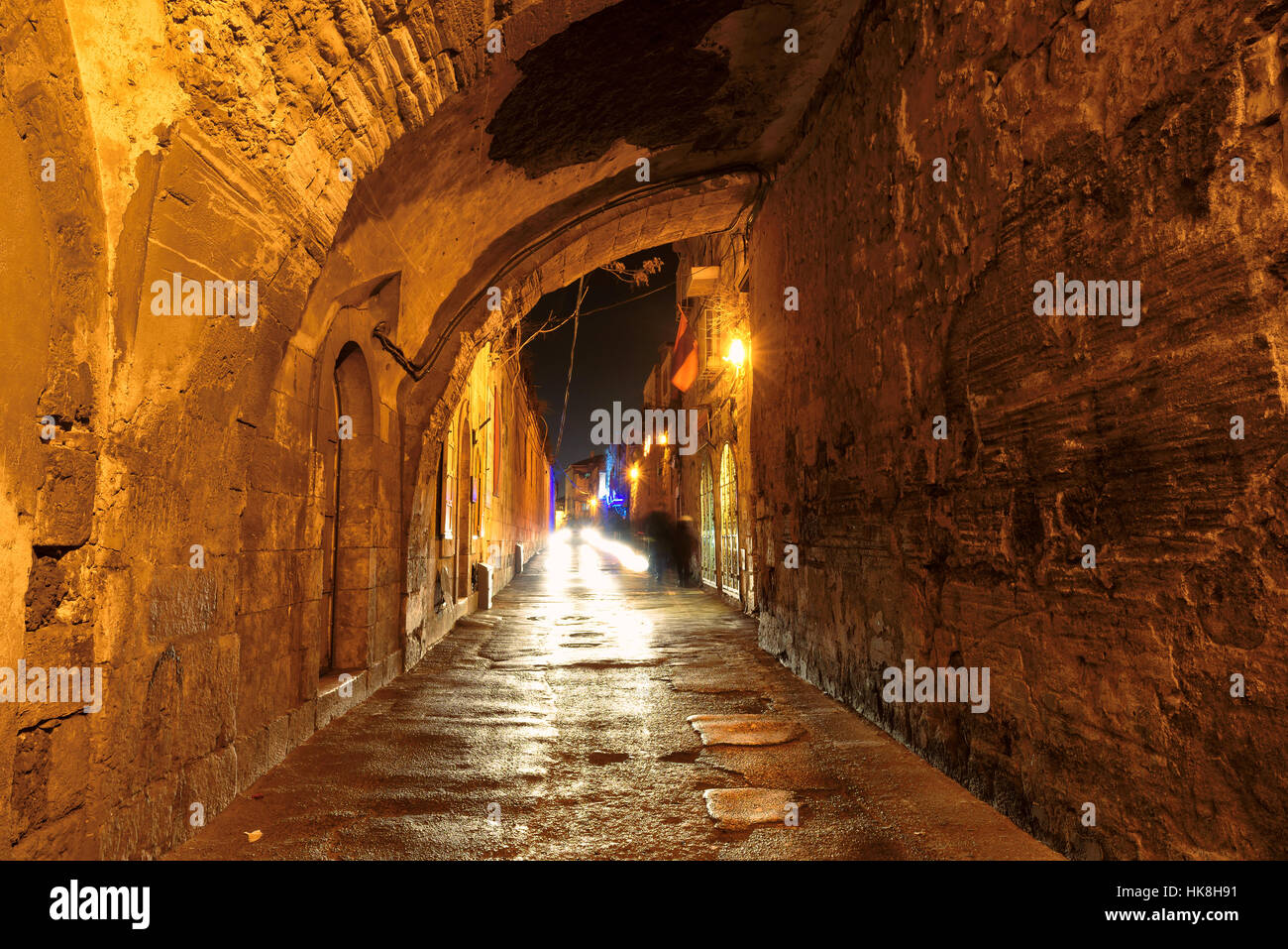 Ancient street tunnel in Jerusalem Old City at night, Israel Stock