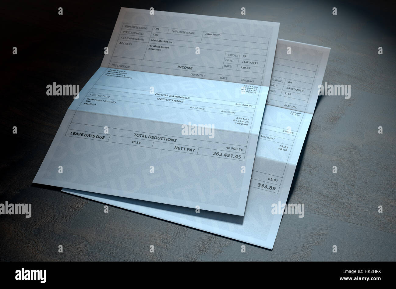 A 3D render concept showing two fictitious paychecks with a huge difference in the nett pay highlighting the income inequality created by capitalism Stock Photo