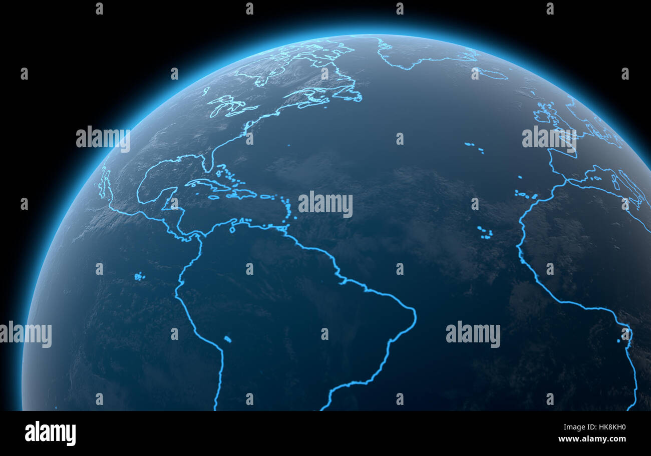 A 3D render of planet earth with illuminated blue outlines of continents on a dark space background Stock Photo
