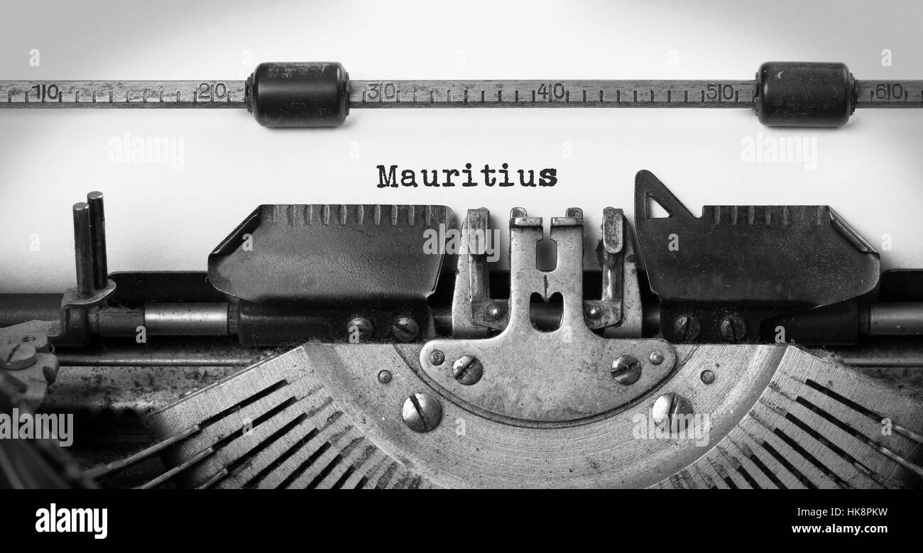 Inscription made by vintage typewriter, country, Mauritius Stock Photo
