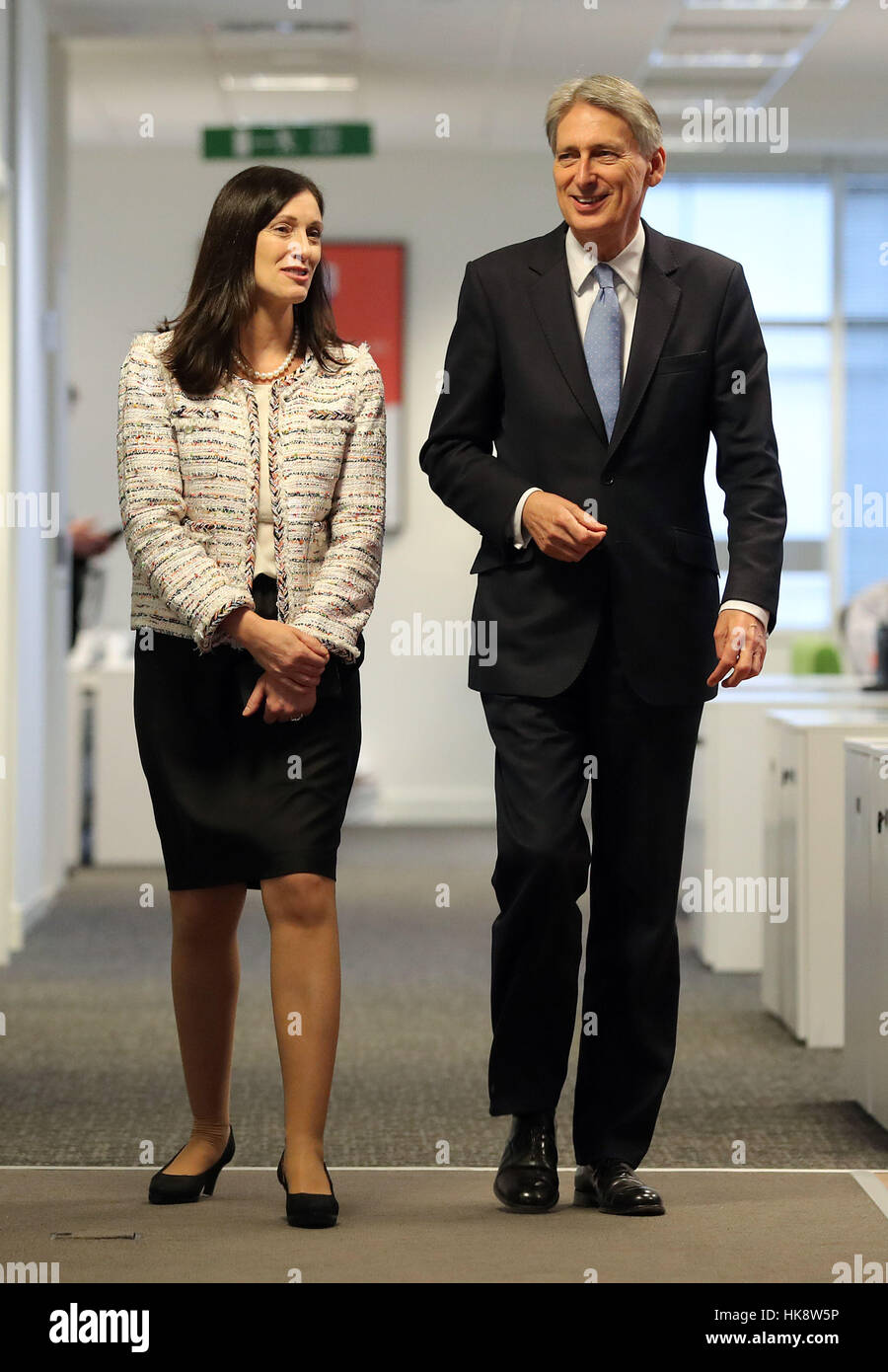 Chancellor Philip Hammond with Microsoft UK CEO Cindy Rose during a visit  to the Microsoft Campus, Thames Valley Park, Reading, to coincide with the  announcement later of preliminary estimates for 2016Q4 GDP