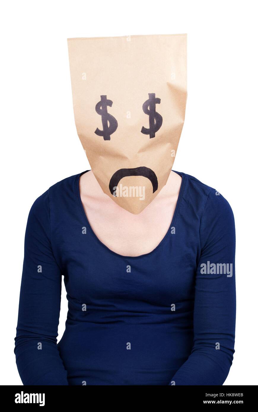 a desperate dollar sign paper bag head, isolated Stock Photo Alamy