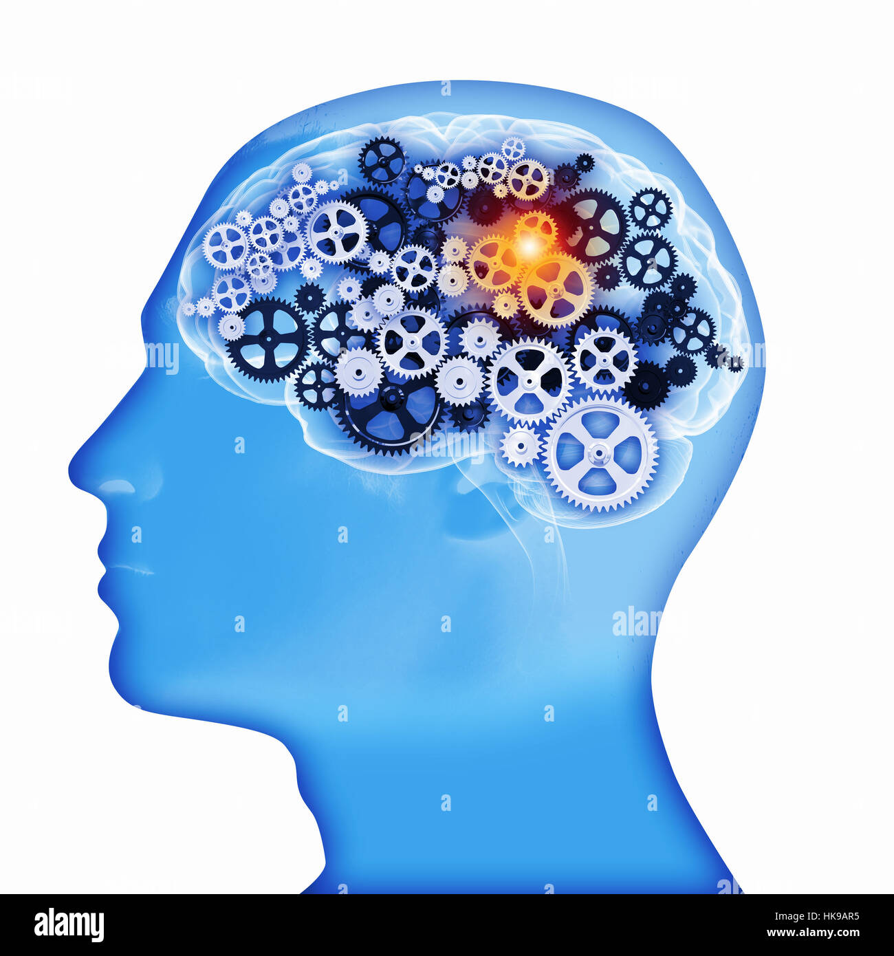 Human head silhouette with gears and cog wheel elements against white ...