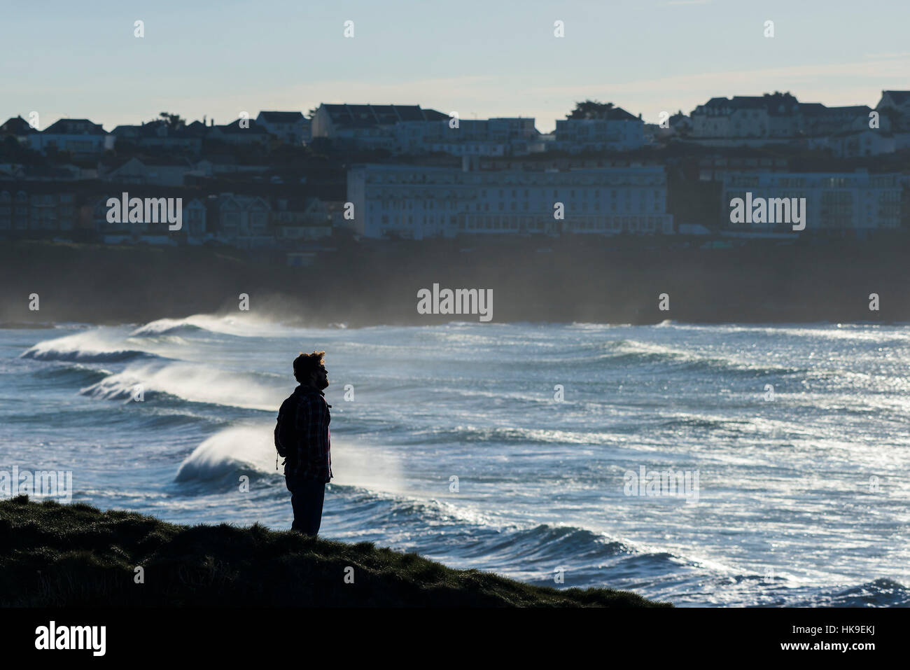 Wind Extreme Cornwall Fistral Nature High Winds Man Watching Coast Stock Photo