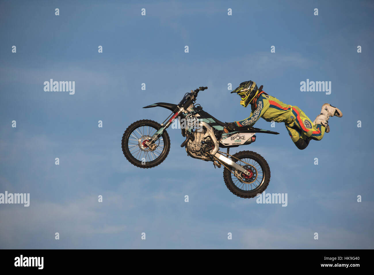 One of the extreme  Motocross stunt team in action. Stock Photo