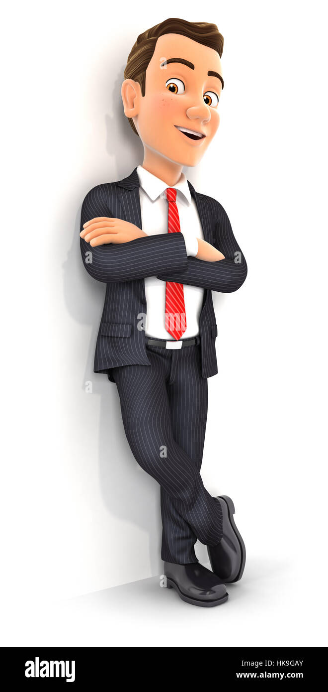 3d businessman standing against wall, illustration with isolated white