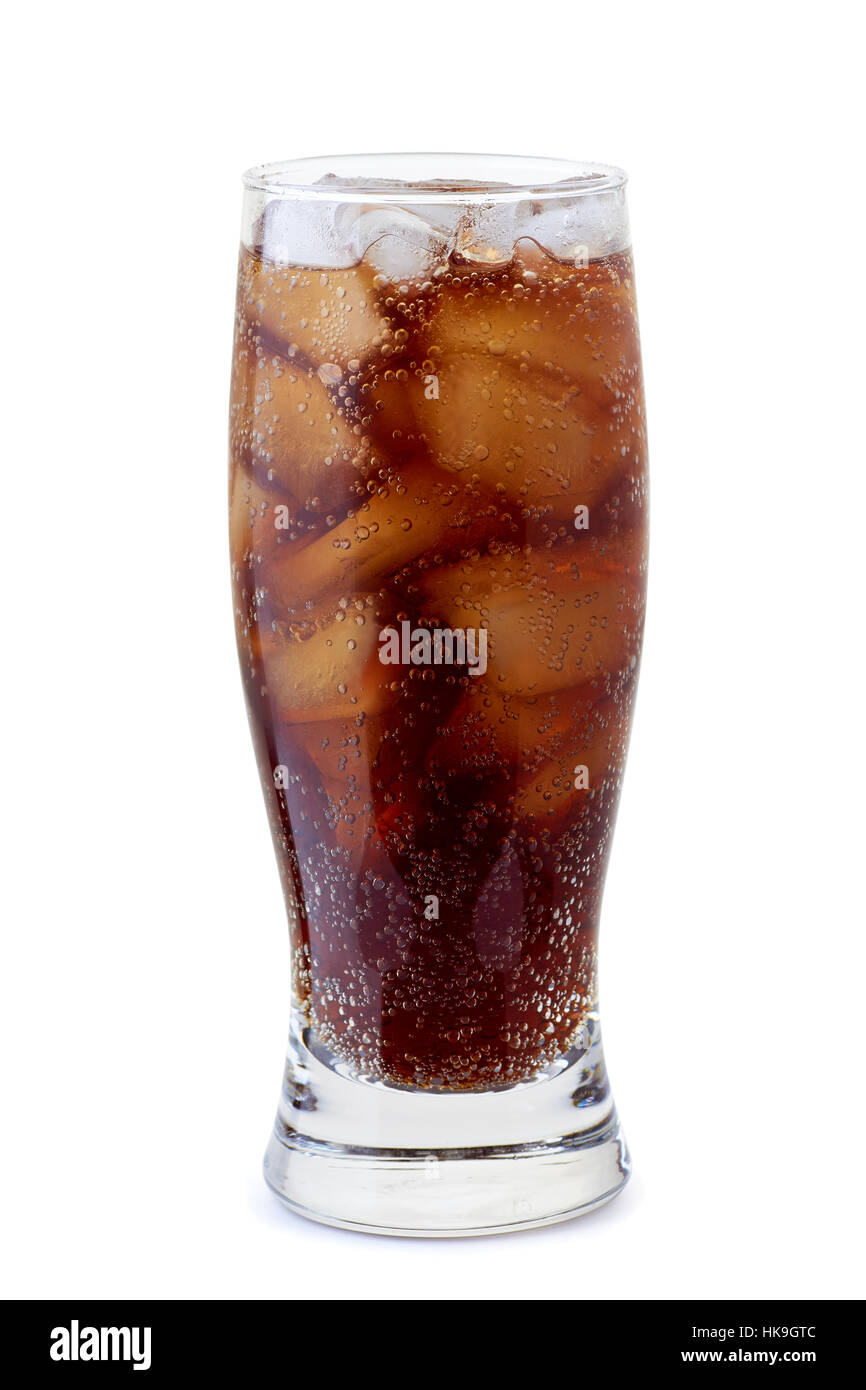 Glass of cola with ice cubes on white Stock Photo