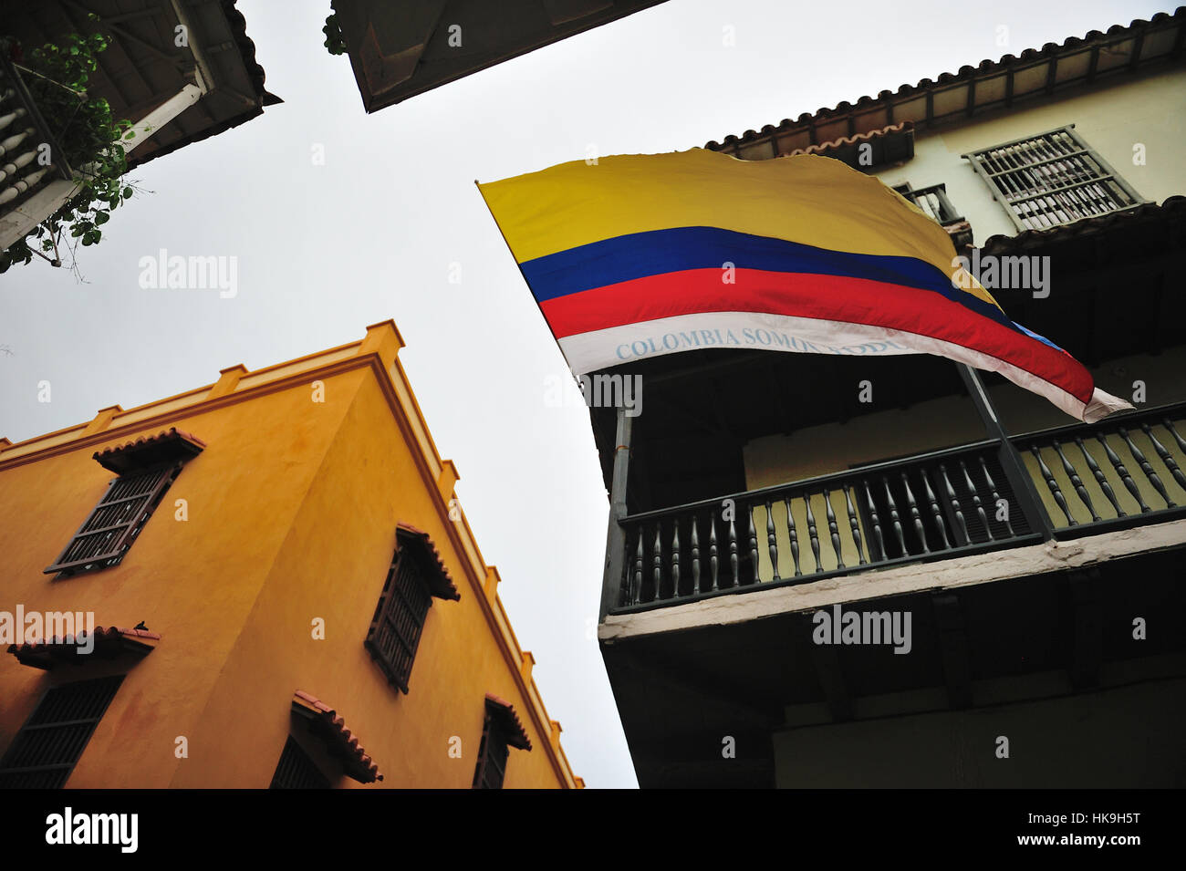 big Colombia flag in balcony house Stock Photo