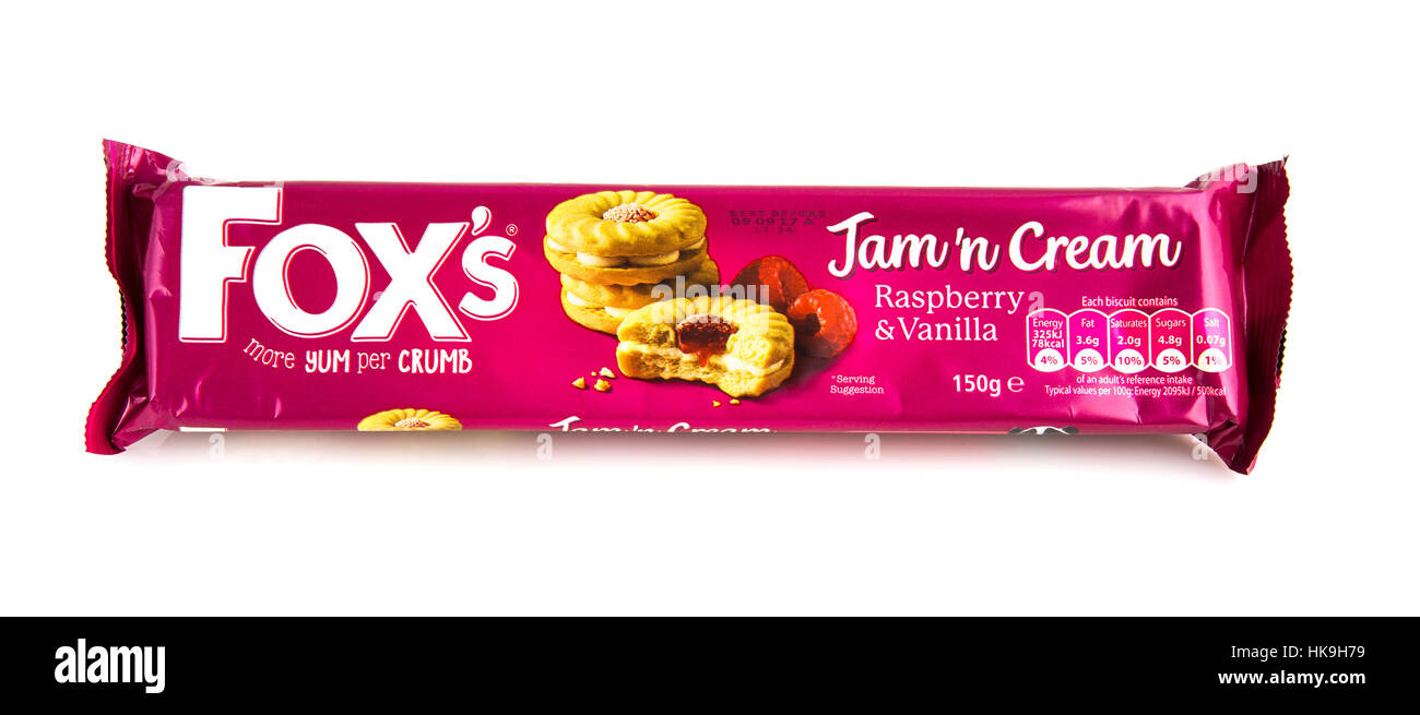 Fox’s Jam n Cream Raspberry and Vanilla Biscuits on a white background Stock Photo