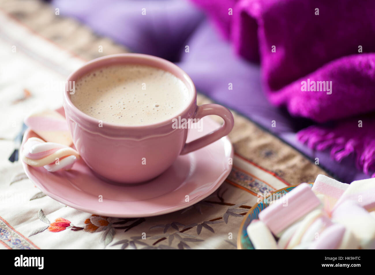 Vintage Looking Pastel Pink Coffee Cup Saucer And Marshmallows On