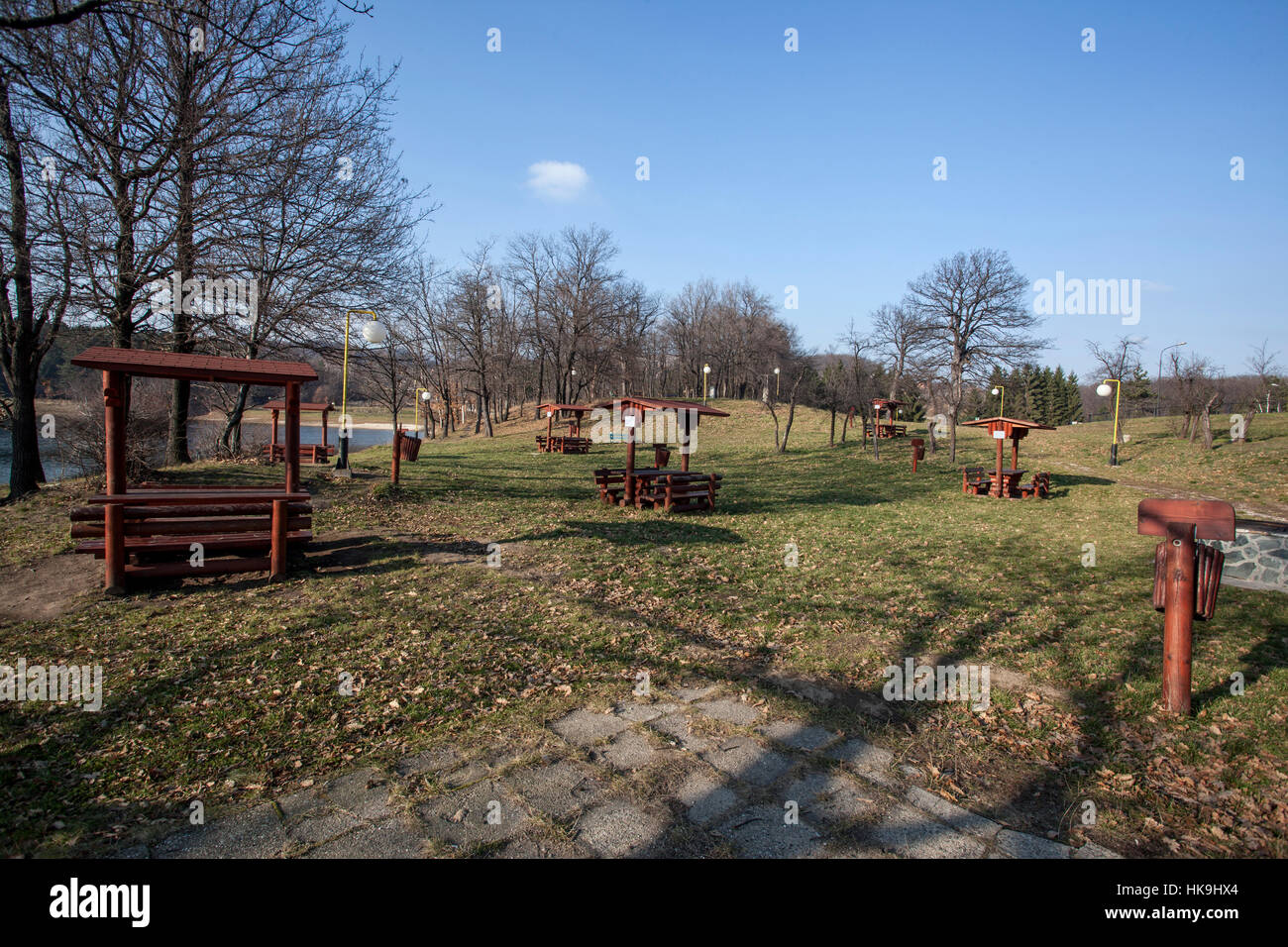 Benches with shelter Bor Lake in late autumn Stock Photo Alamy