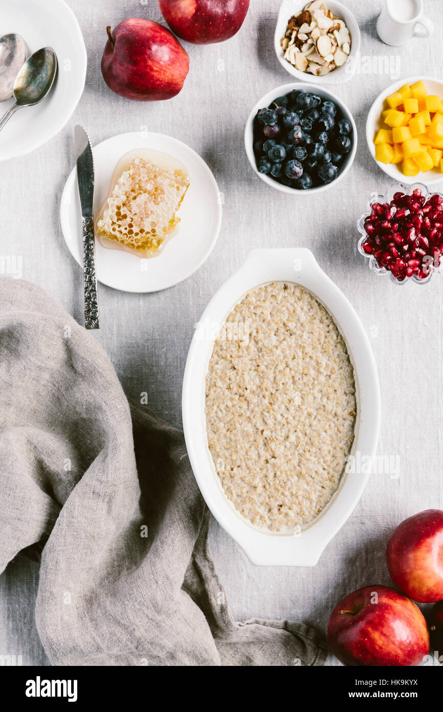 Freshly slowcooked steel cut oats with fresh fruit toppings are