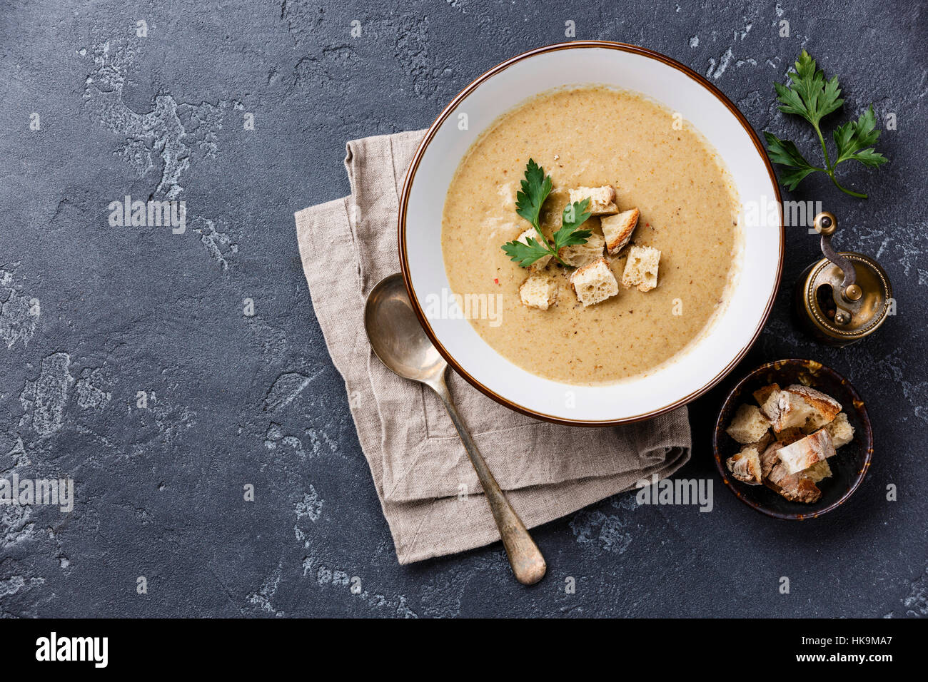 Cream-soup with porcini mushroom with croutons on dark stone background copy space Stock Photo